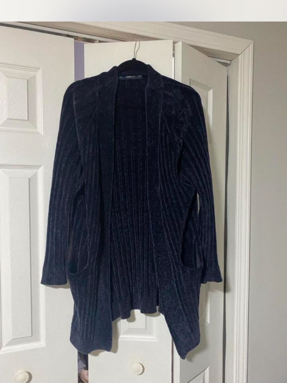Zara Navy Chenille Ribbed Open-Front Cardigan Sweater